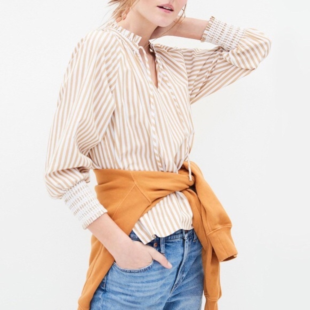 NWT J. Crew Smocked-cuff Popover Blouse Long Sleeve Tan White Striped
